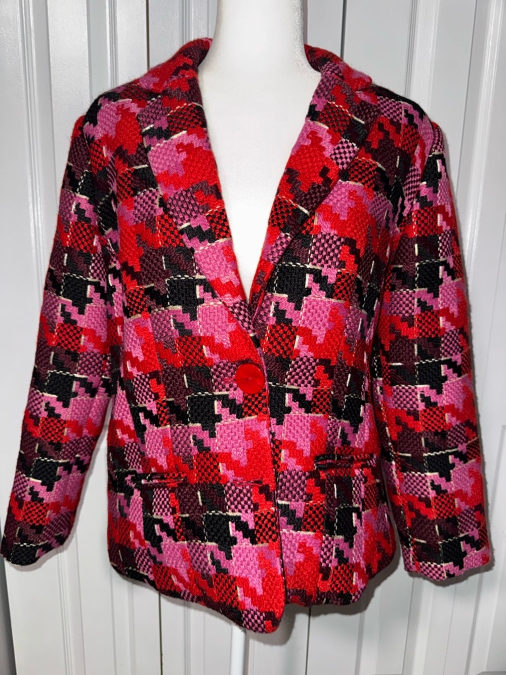 Alison Sheri Red Pink Houndstooth Single-Button Check Blazer Jacket size Large